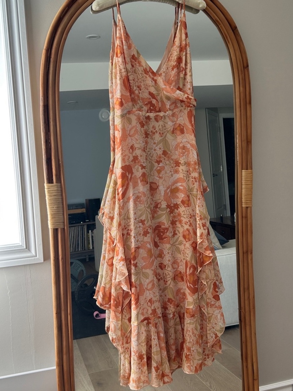 Bardot Peach-Orange Floral Asymmetrical Ruffle Dress